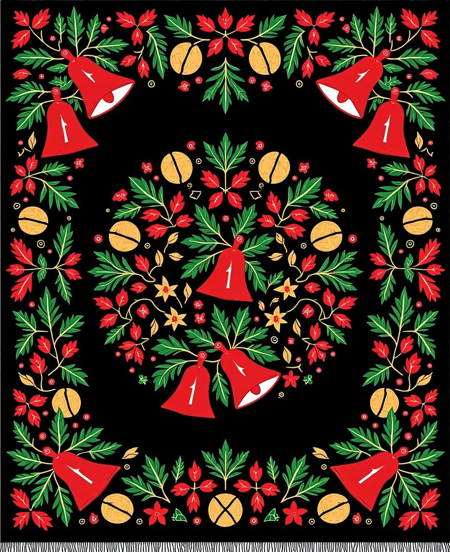 Red Bell Green Leaf Festive Wreath Rug