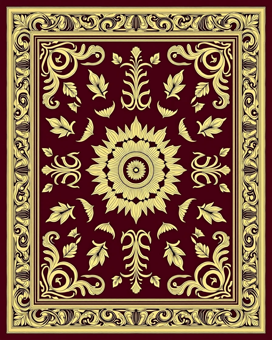 Golden Burgundy Medallion Floral Border Rug