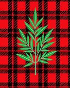Red Black Plaid Green Leaf Branch Rug