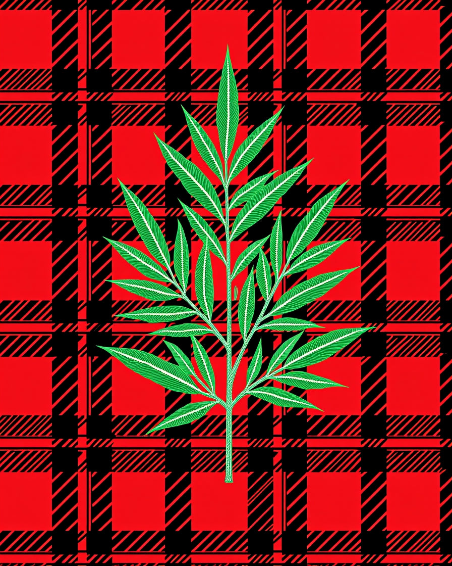 Red Black Plaid Green Leaf Branch Rug