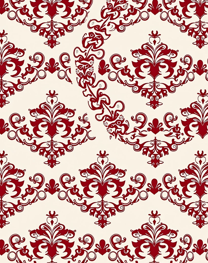 Crimson Floral Damask Scrollwork Rug