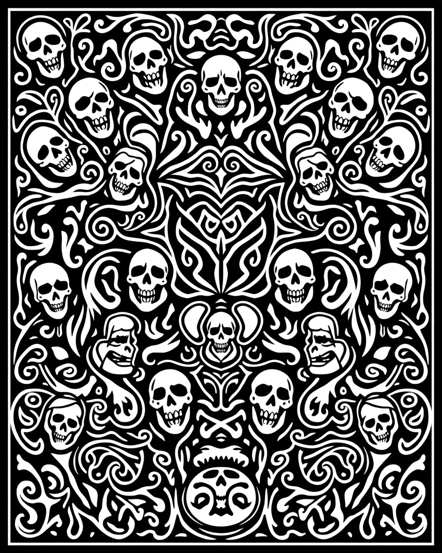Gothic Skull Organic Swirl Black White Rug