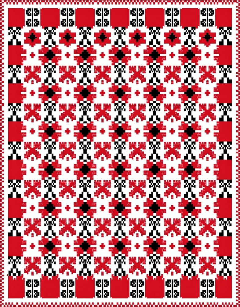 Red Black White Pixelated Floral Rug