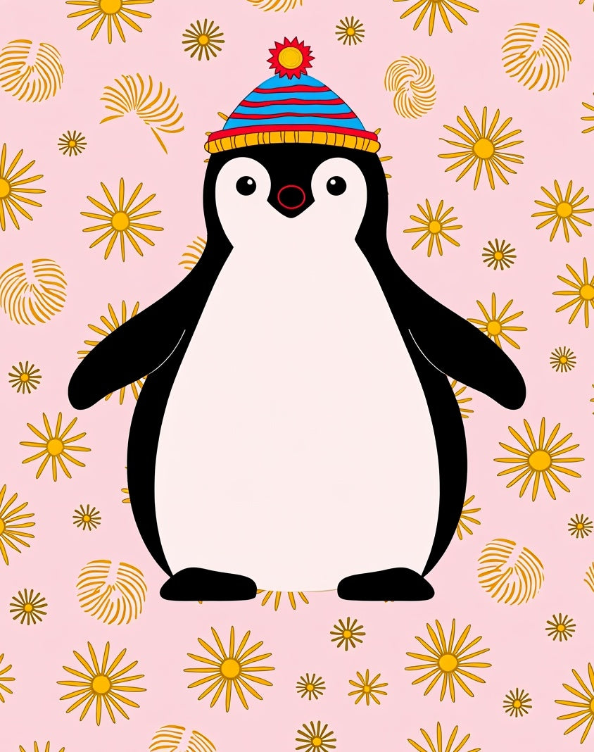 Pink Yellow Starry Penguin Hat Rug