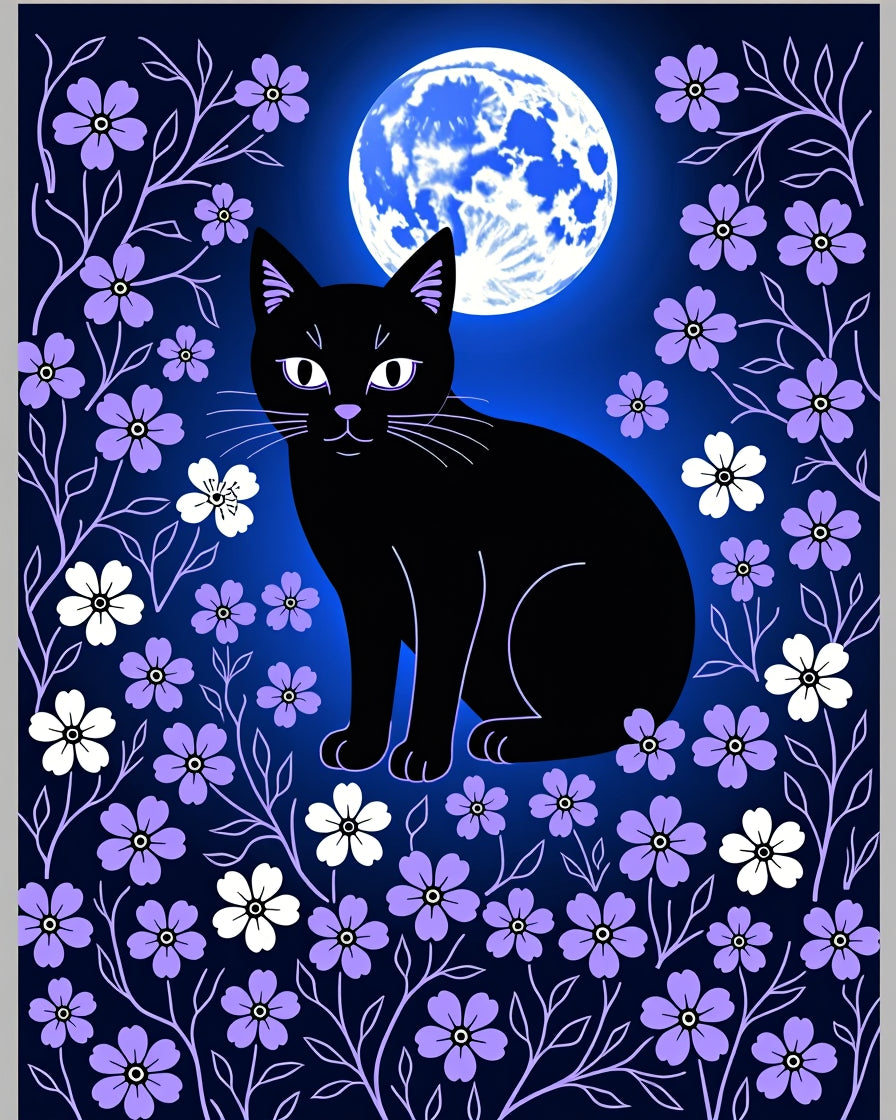 Midnight Black Cat Moon Garden Rug
