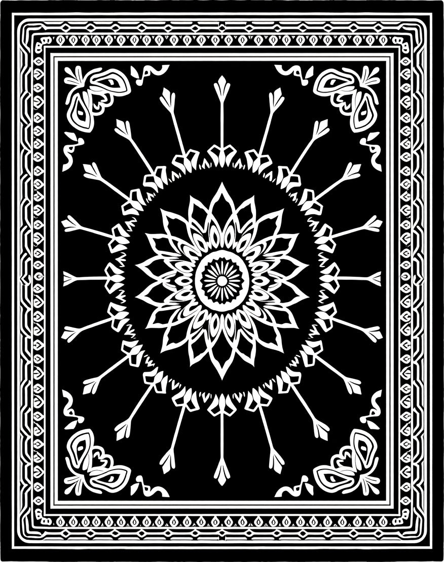 Black White Floral Radiating Border Rug
