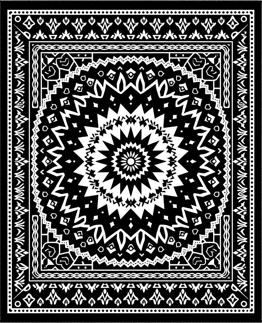 Black White Geometric Sunburst Mandala Rug