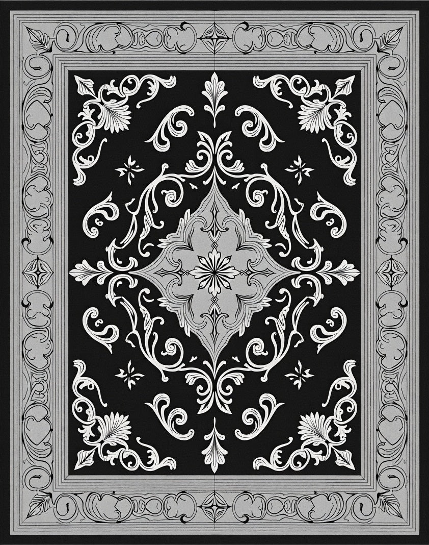 Ornate Black White Medallion Scroll Rug