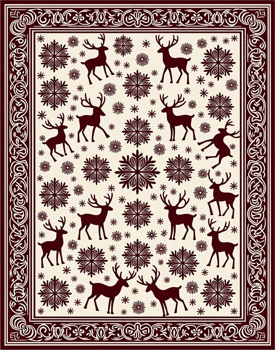 Maroon Deer Snowflake Folk Art Rug