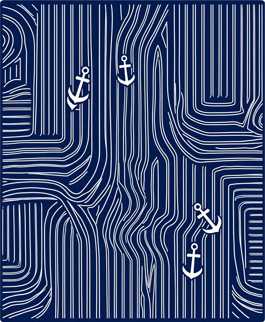 Navy White Anchor Nautical Lines Rug