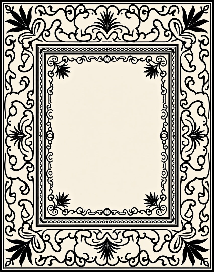 Classic Black White Floral Scroll Frame Rug