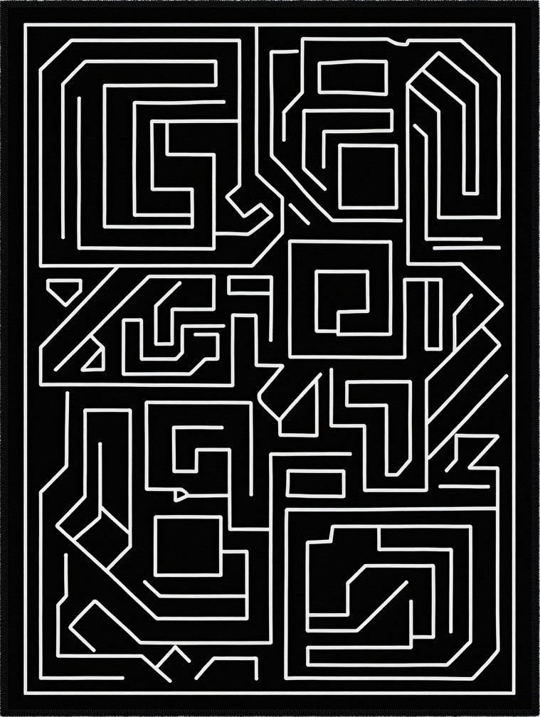 Black White Labyrinth Geometric Rug