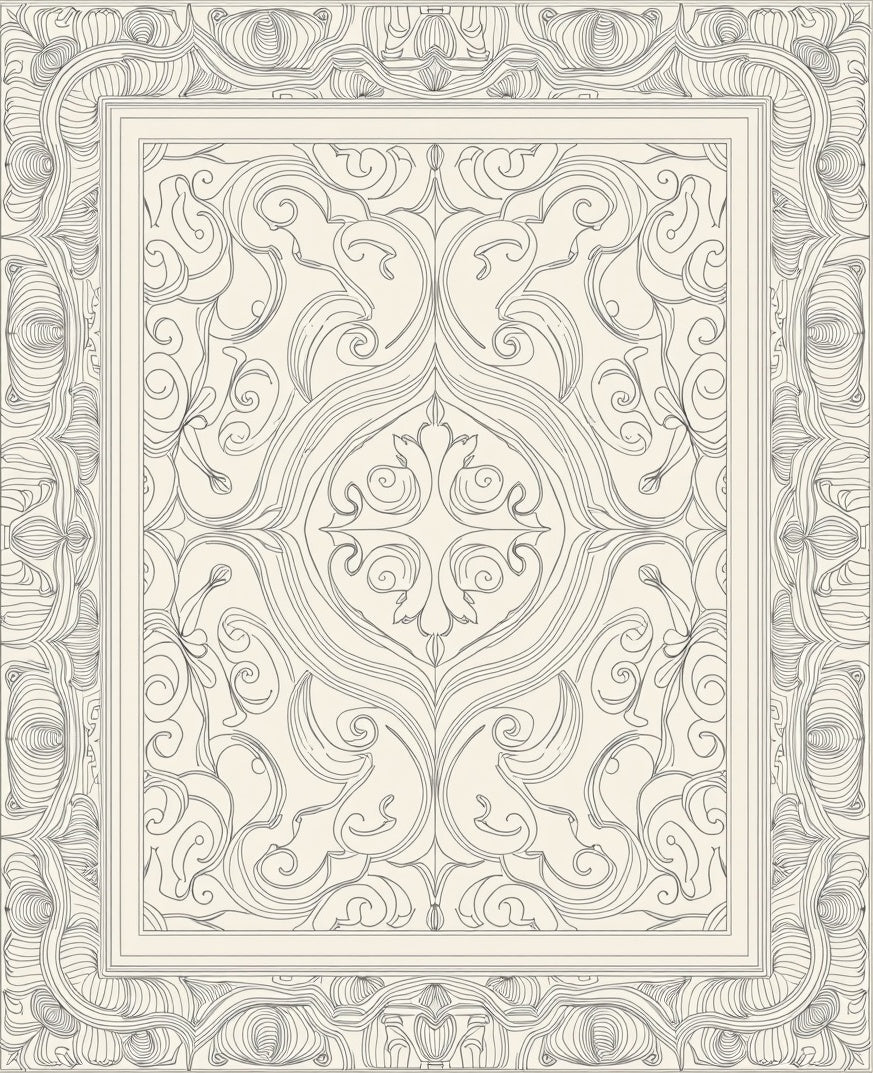 Neutral Cream Filigree Scroll Frame Rug