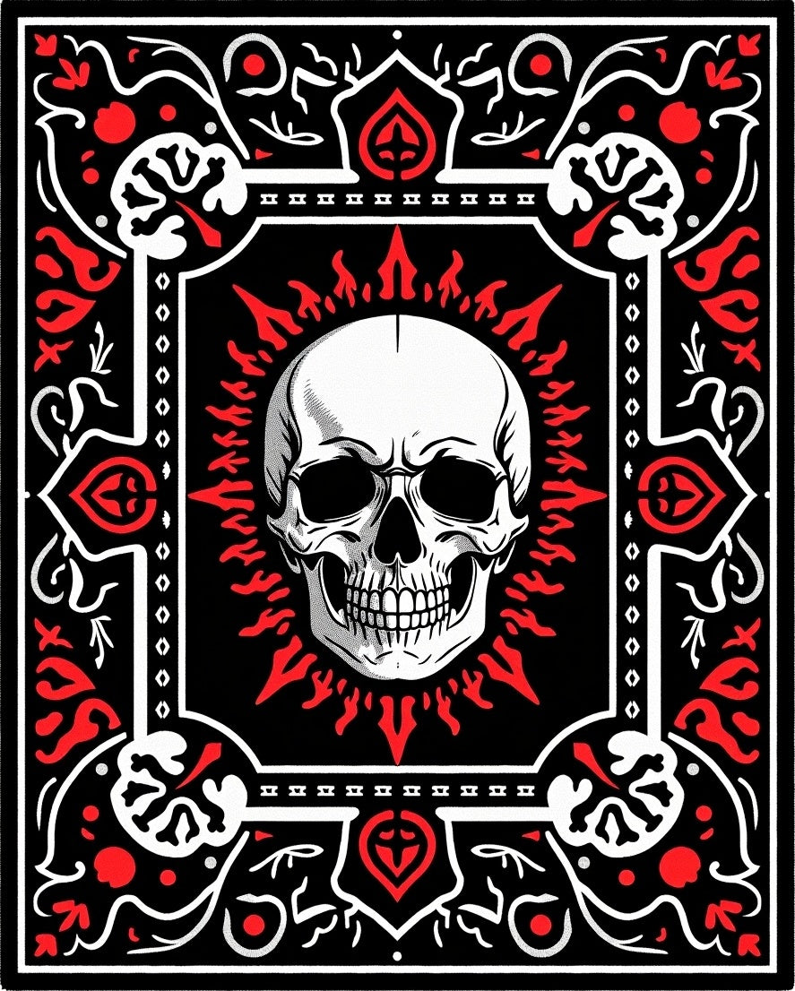 Bold Skull Red Fire Tribal Frame Rug
