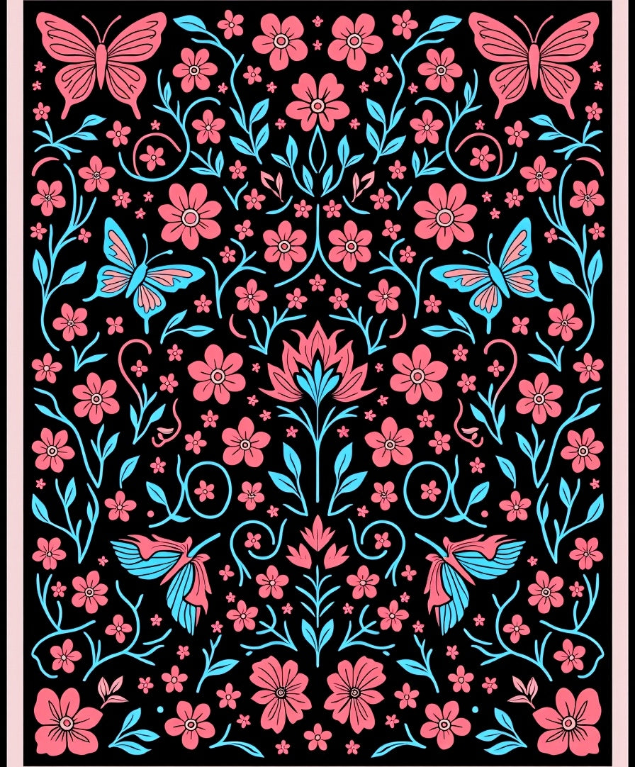Pink Blue Butterfly Floral Garden Rug