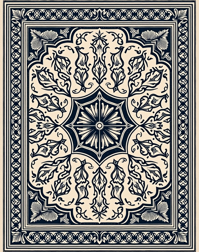 Dark Blue Floral Medallion Border Rug