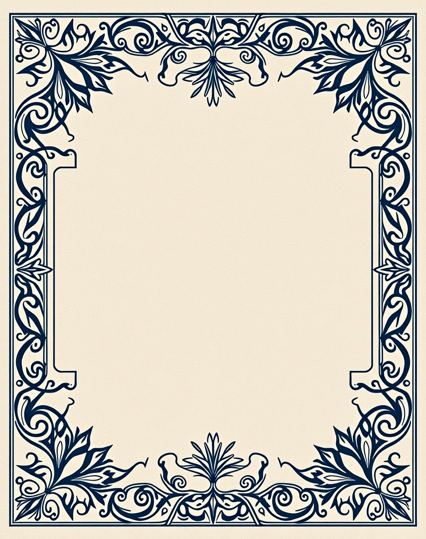 Navy Blue Floral Scrollwork Frame Rug
