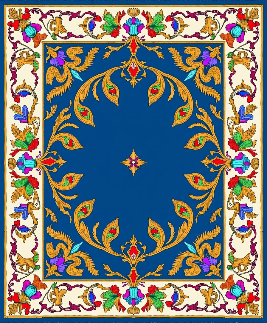 Ornate Blue Floral Scroll Medallion Rug