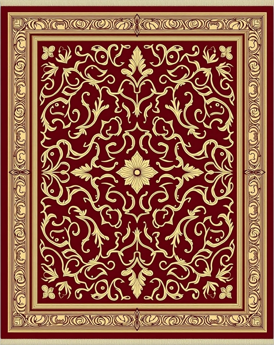 Deep Red Gold Filigree Scrollwork Rug