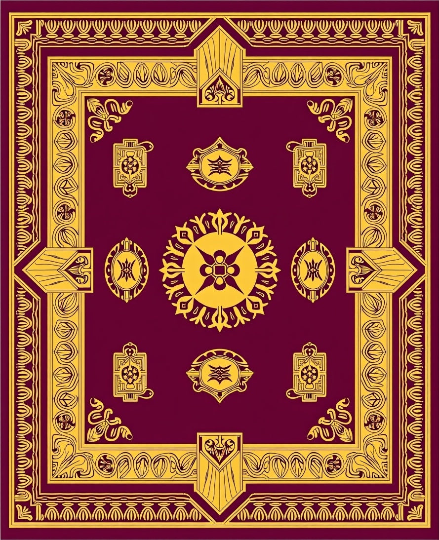 Rich Burgundy Gold Medallion Border Rug