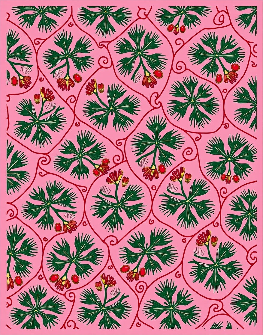 Pink Green Red Floral Vine Medallion Rug