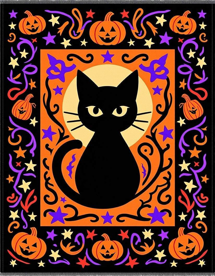 Black Cat Halloween Pumpkin Stars Rug