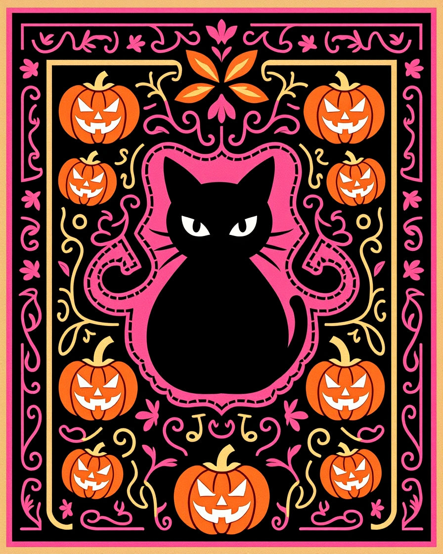 Black Cat Orange Pumpkin Halloween Border Rug