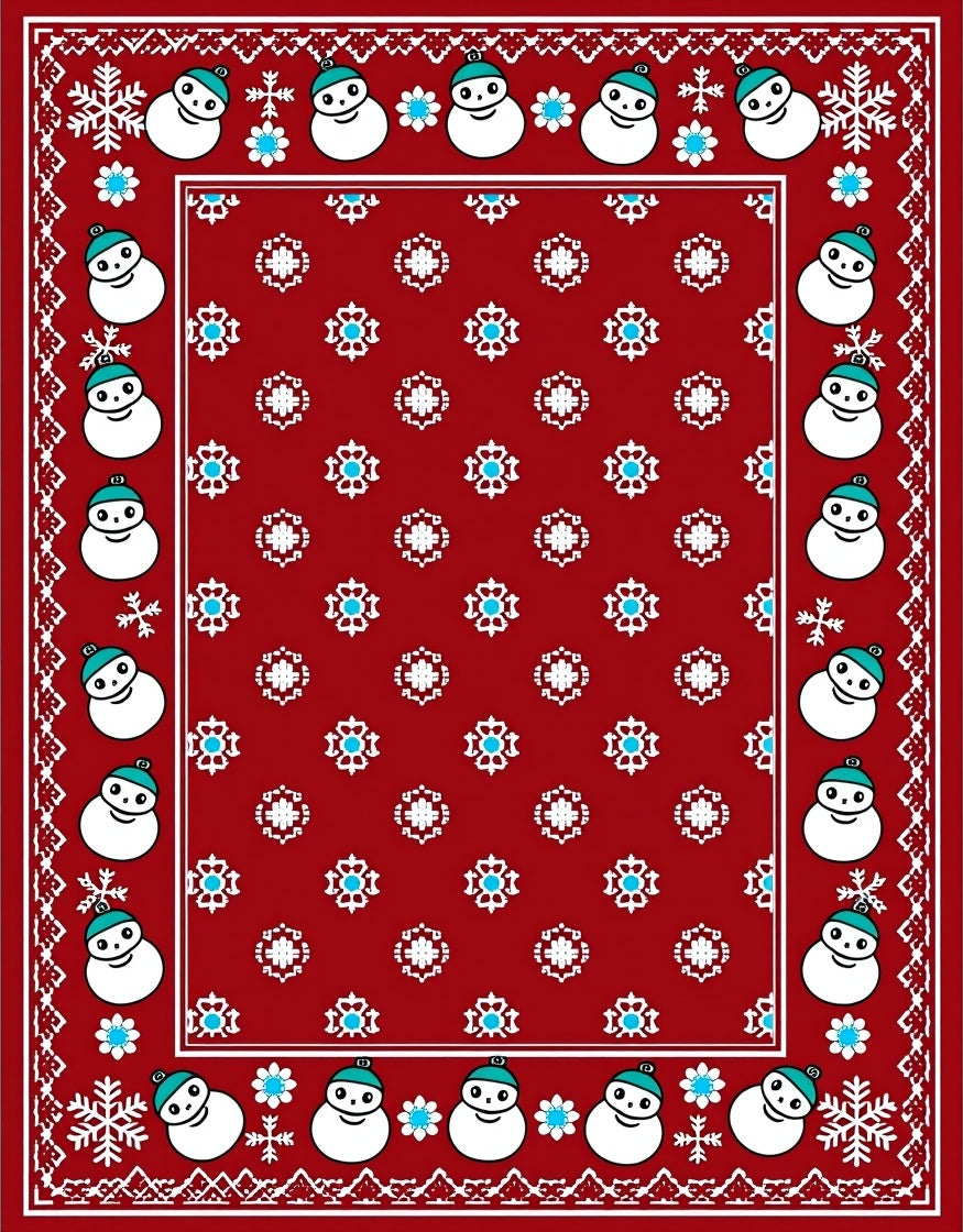 Festive Red Snowman Snowflake Border Rug