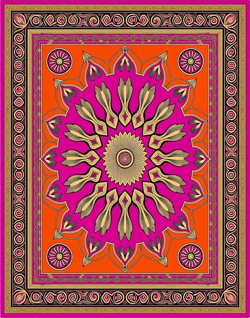 Vibrant Pink Orange Floral Mandala Rug