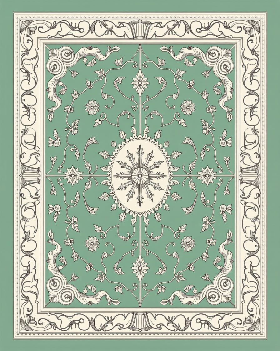 Classic Sage Green Floral Medallion Rug