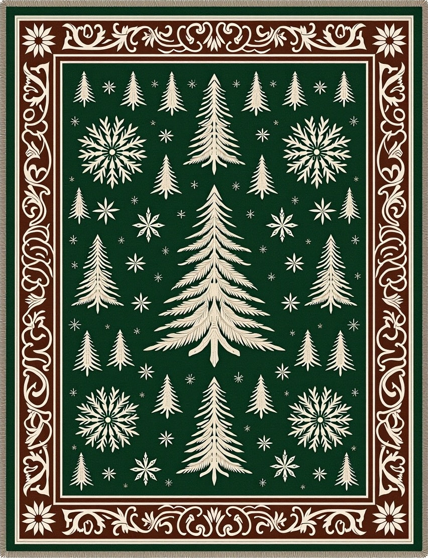 Forest Green Snowy Christmas Trees Rug