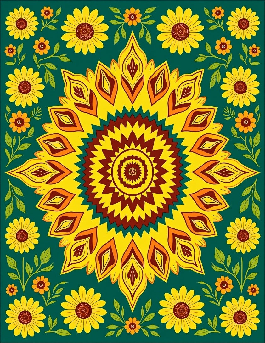 Sunflowers In Teal Mandala Rug