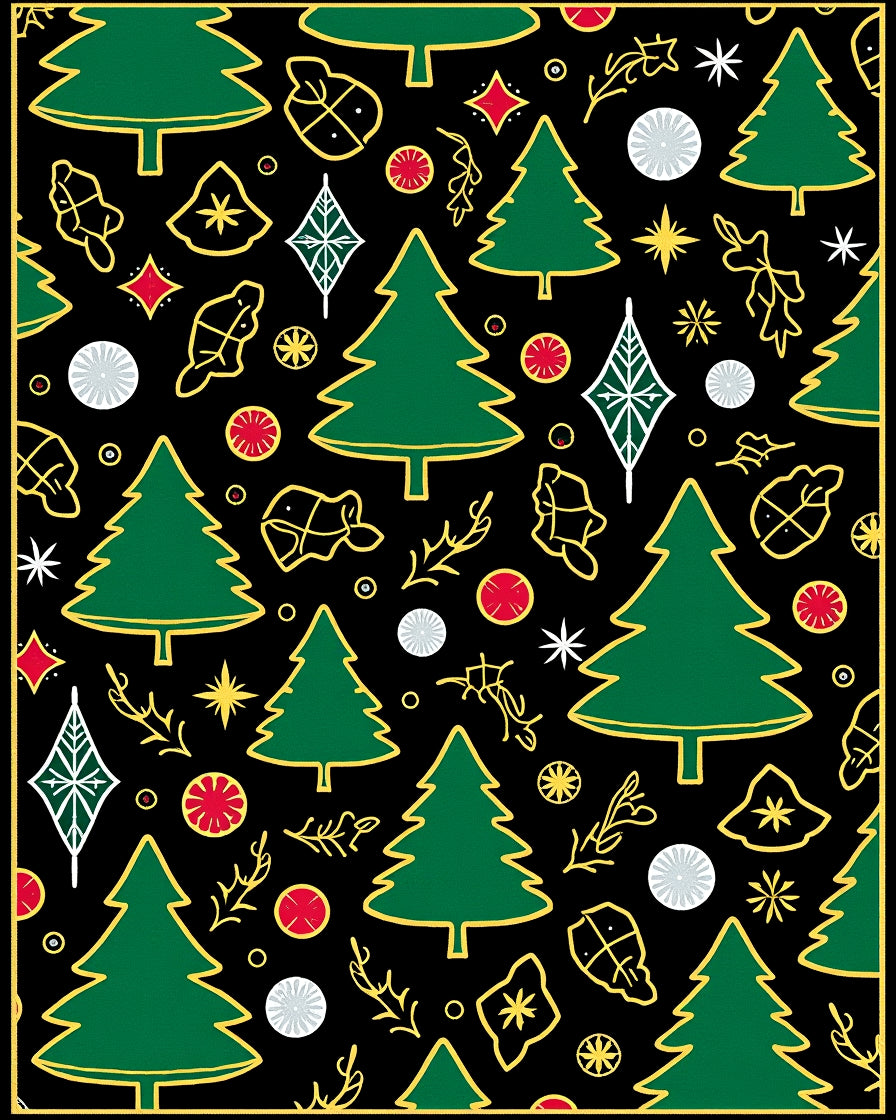 Green Christmas Trees Gold Outline Collage Rug