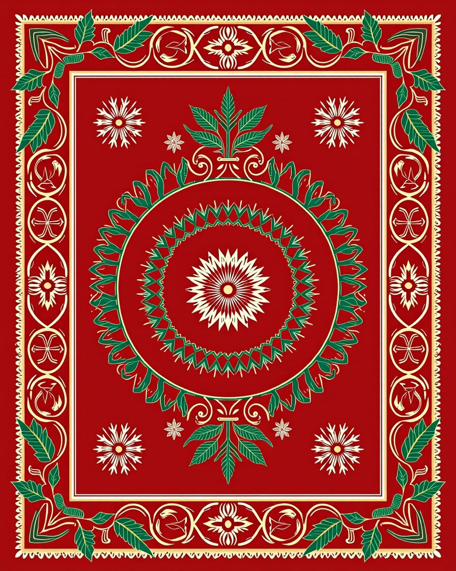 Rich Crimson Green Leaf Symmetrical Art Rug