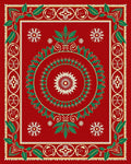 Rich Crimson Green Leaf Symmetrical Art Rug