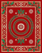 Rich Crimson Green Leaf Symmetrical Art Rug