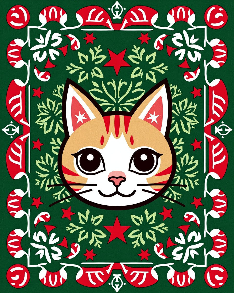 Festive Orange Cat Green Red Border Rug