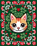 Festive Orange Cat Green Red Border Rug