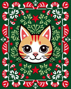 Festive Orange Cat Green Red Border Rug