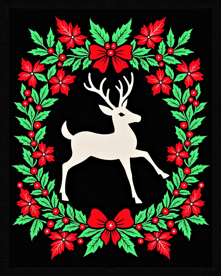 White Deer Red Holly Wreath Rug