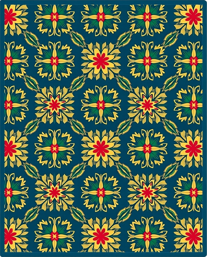 Vibrant Red Yellow Floral Medallion Rug