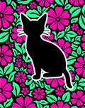 Black Cat Pink Floral Garden Rug