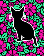 Black Cat Pink Floral Garden Rug