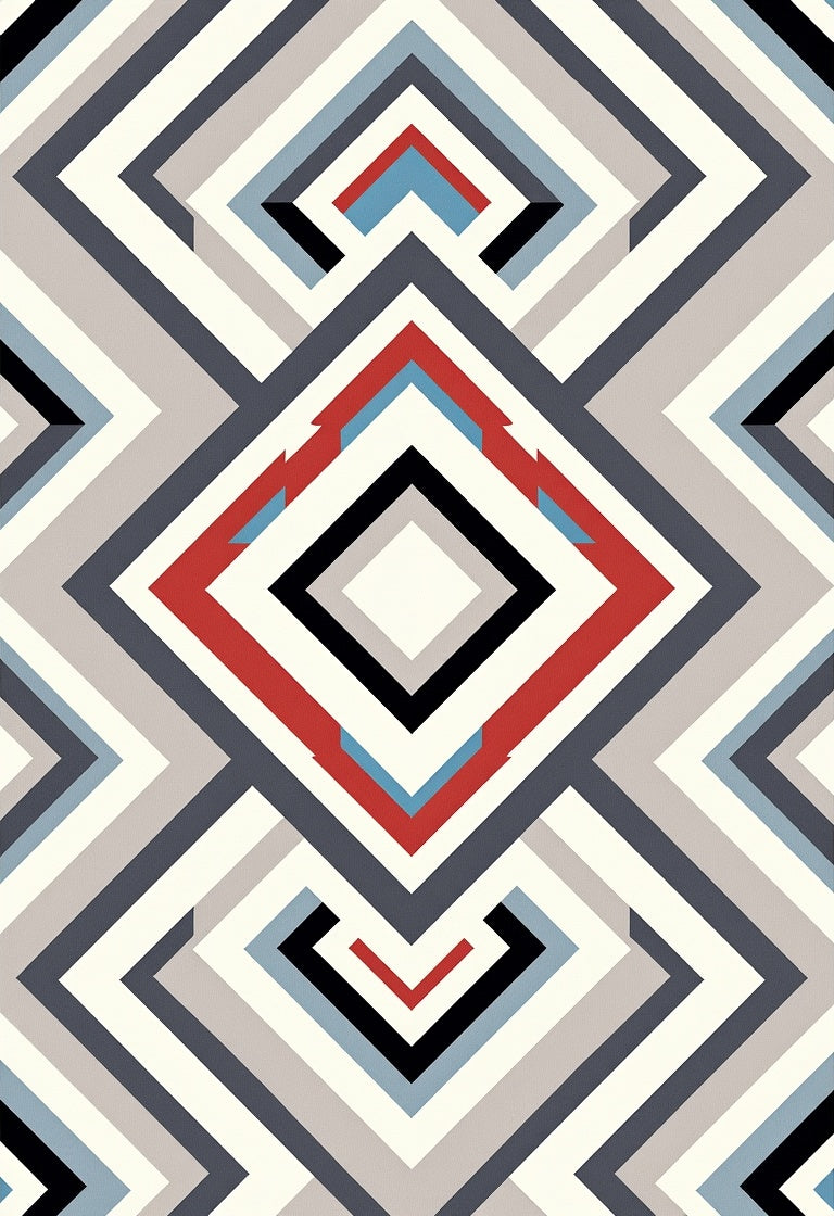 Geometric Diamond Red Blue Stripe Rug