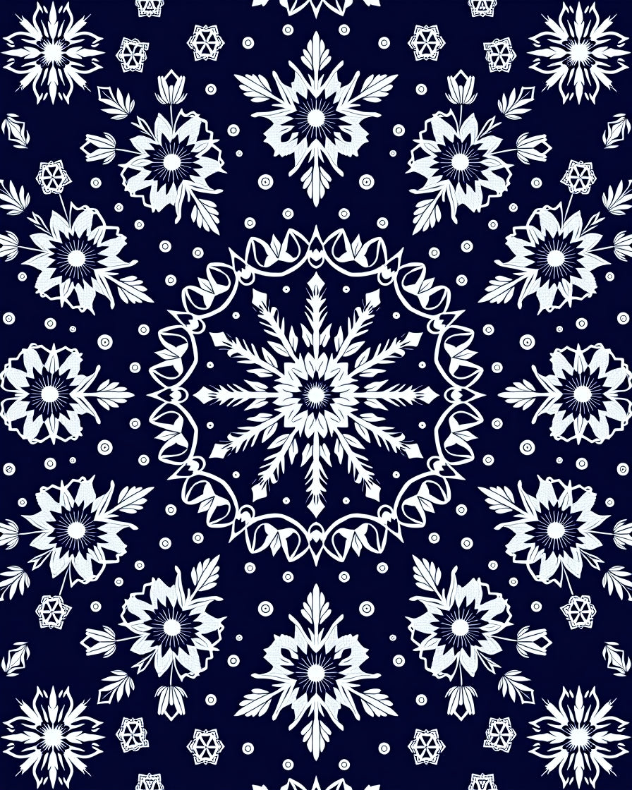 Navy Blue Floral Snowflake Medallion Rug