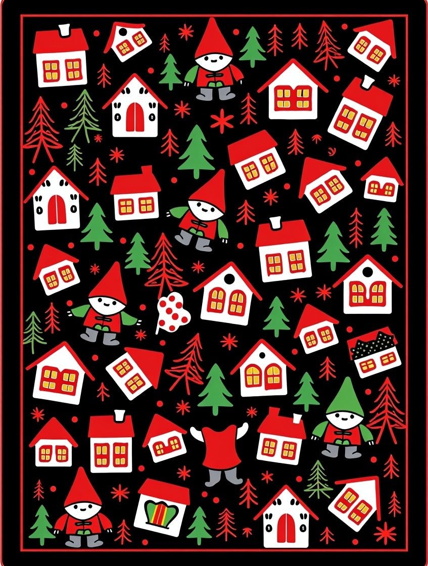 Charming Gnome Village Red White Houses Rug