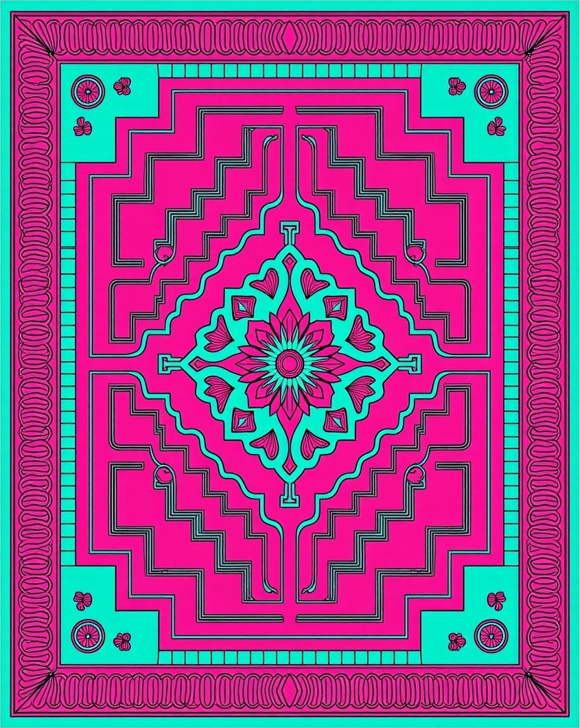 Hot Pink Turquoise Geometric Floral Medallion Rug