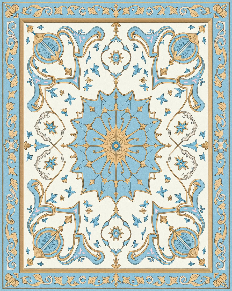 Ornate Sky Blue Medallion Garden Rug