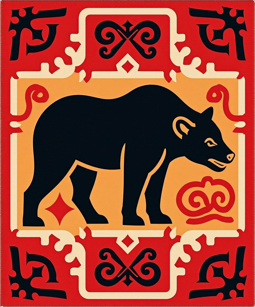 Bold Black Bear In Red Border Rug