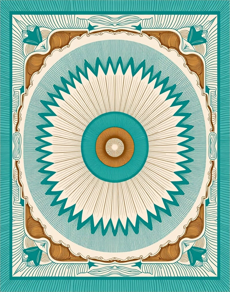 Teal Brown Radial Sunburst Medallion Rug